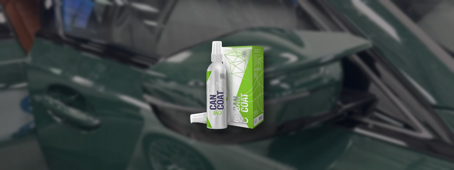 Gyeon Q2 CanCoat EVO bottle and box in front of a green BMW M3