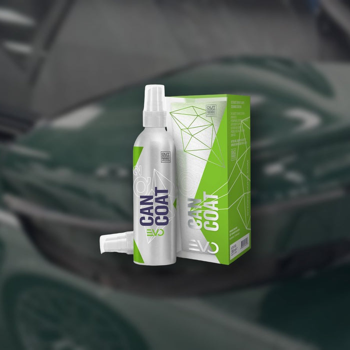 Gyeon Q2 CanCoat EVO bottle and box in front of a green BMW M3