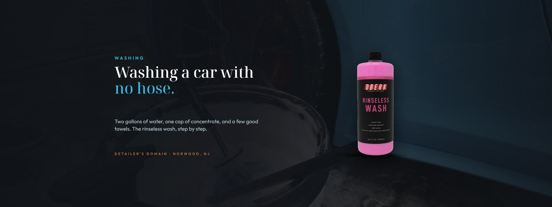 Oberk Rinseless Wash Concentrate bottle beside the headline Washing a car with no hose