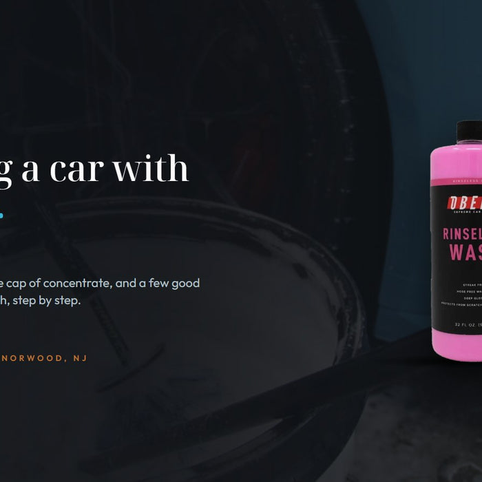Oberk Rinseless Wash Concentrate bottle beside the headline Washing a car with no hose