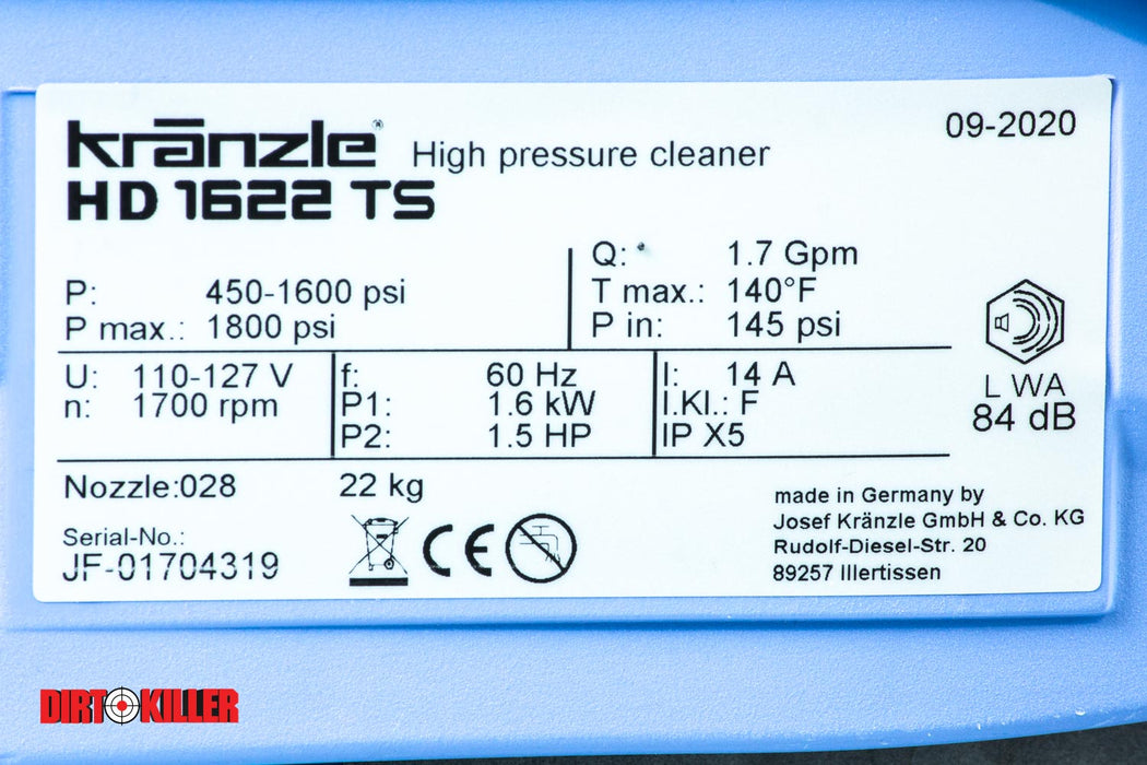 Kranzle 1622TS pressure washer 1600psi 1.7gpm 110V - Detailer's Domain